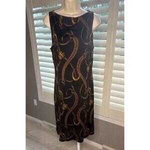 Lauren Ralph Lauren Black Gold Brown Logo Jersey Midi Shift Dress L Stretch
